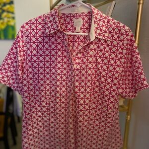 Chico's sz 2 Pink and White Geometric Button Down Shirt